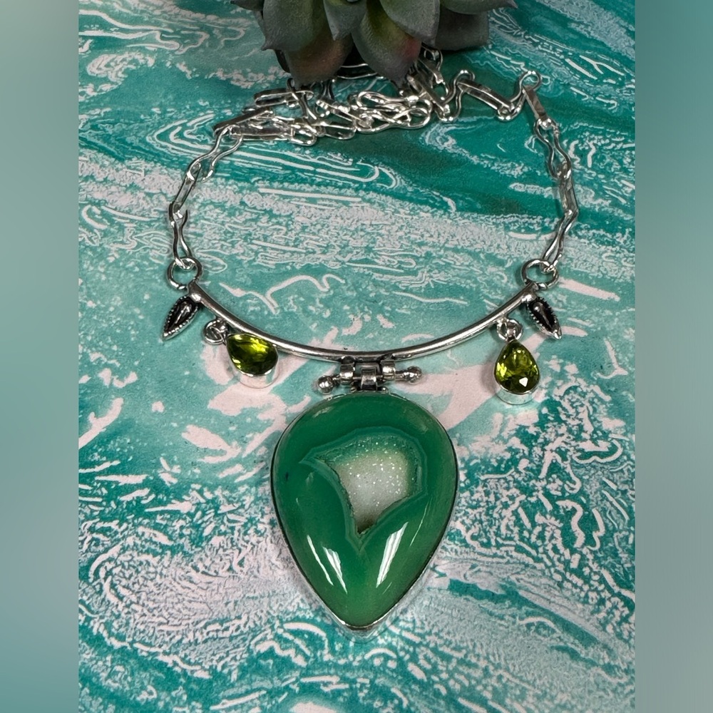 Green Druzy Quartz Silver Necklace